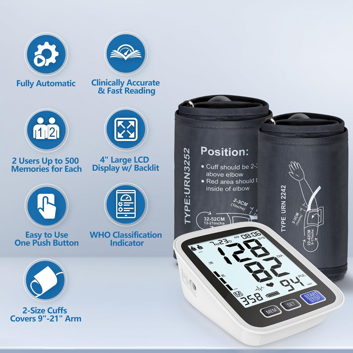 Upper Arm Blood Pressure Machine with 2 Size Cuffs and Backlit LCD T4083