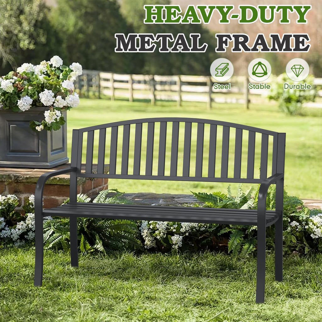 50" Iron Metal Outdoor Bench with Backrest and Armrests X62996