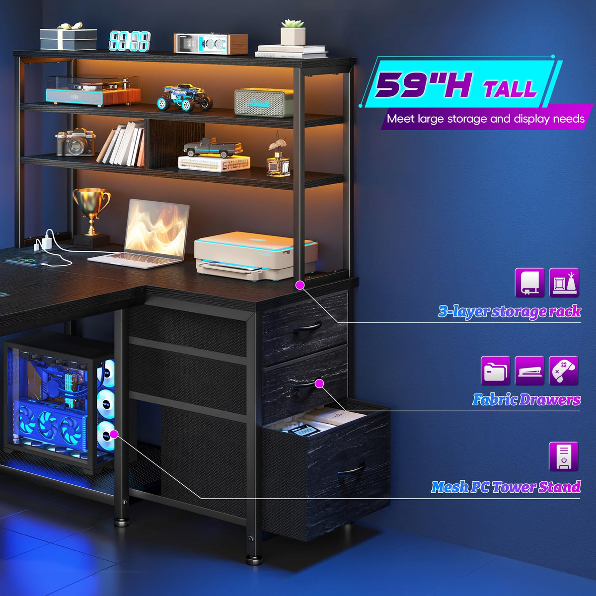 55" L Shaped Gaming Desk with 3 Fabric Drawers & Shelves L8808