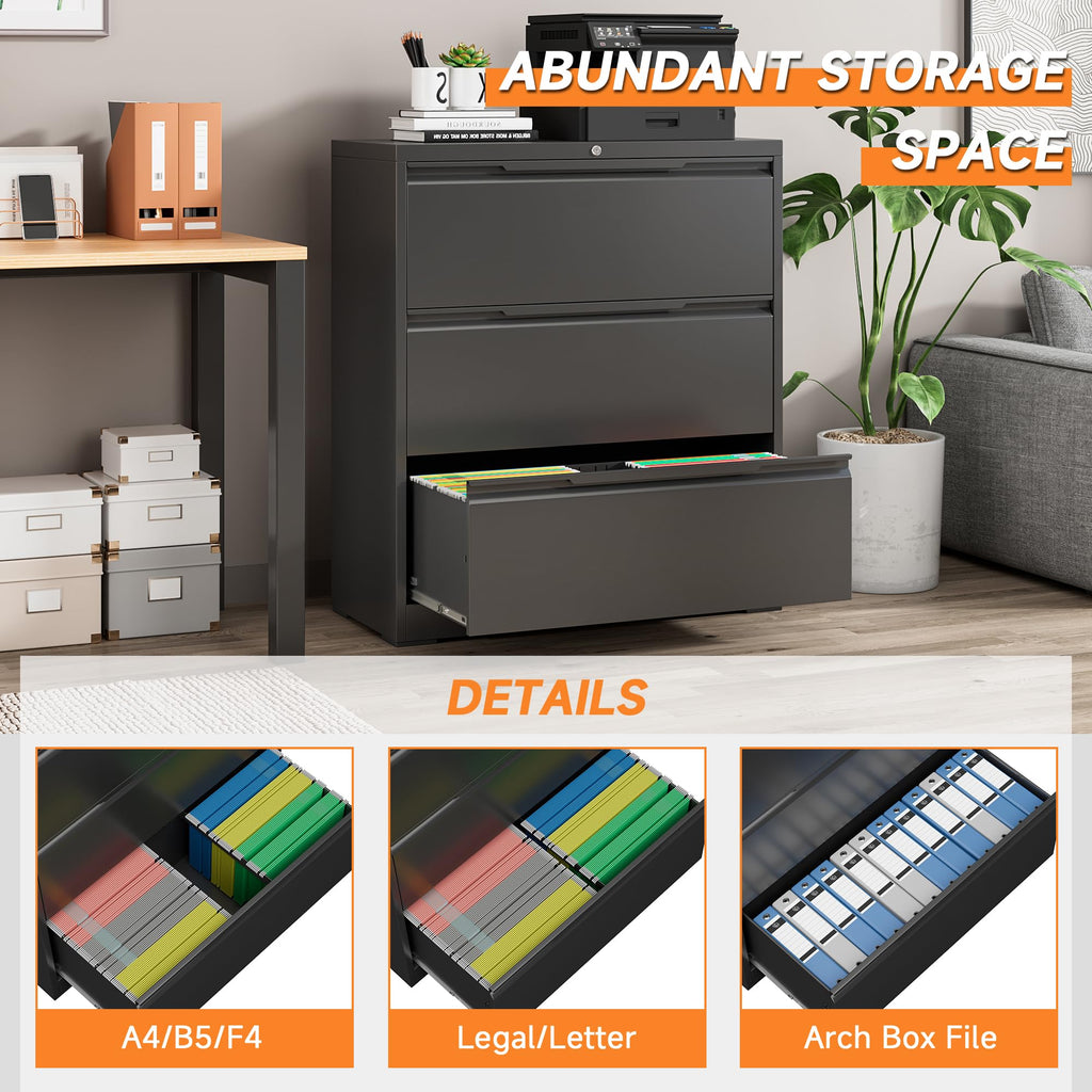 Black 3 Drawer Lockable Metal Lateral File Cabinet W239217