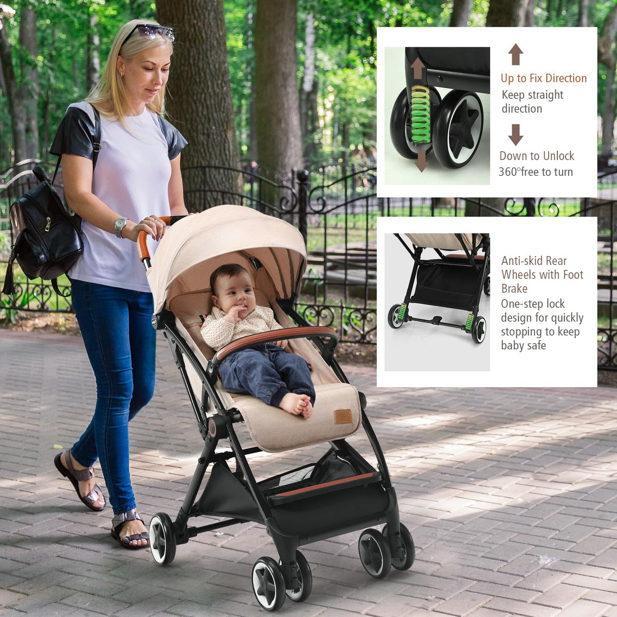 Lightweight Compact Baby Stroller with 5-Point Harness and Storage Basket, Beige G68053