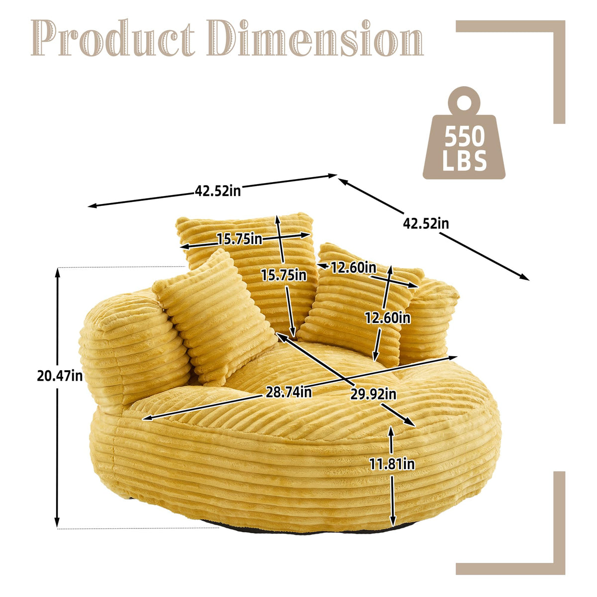 Yellow Corduroy Bean Bag Sofa with 3 Pillows C717786