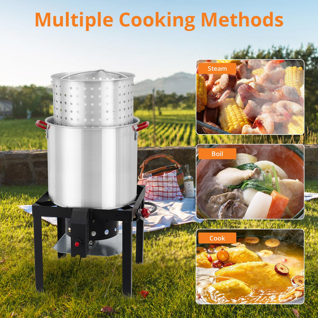 60QT Aluminum Seafood Boil Pot with Strainer Basket and Propane Burner L7224