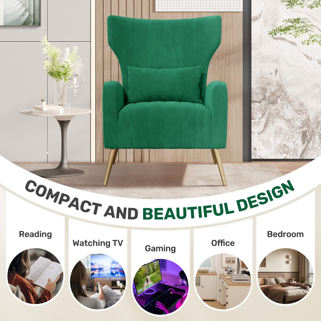Velvet Accent Chairs Set of 2 High Back Armchair with Lumbar Pillow Green I52295