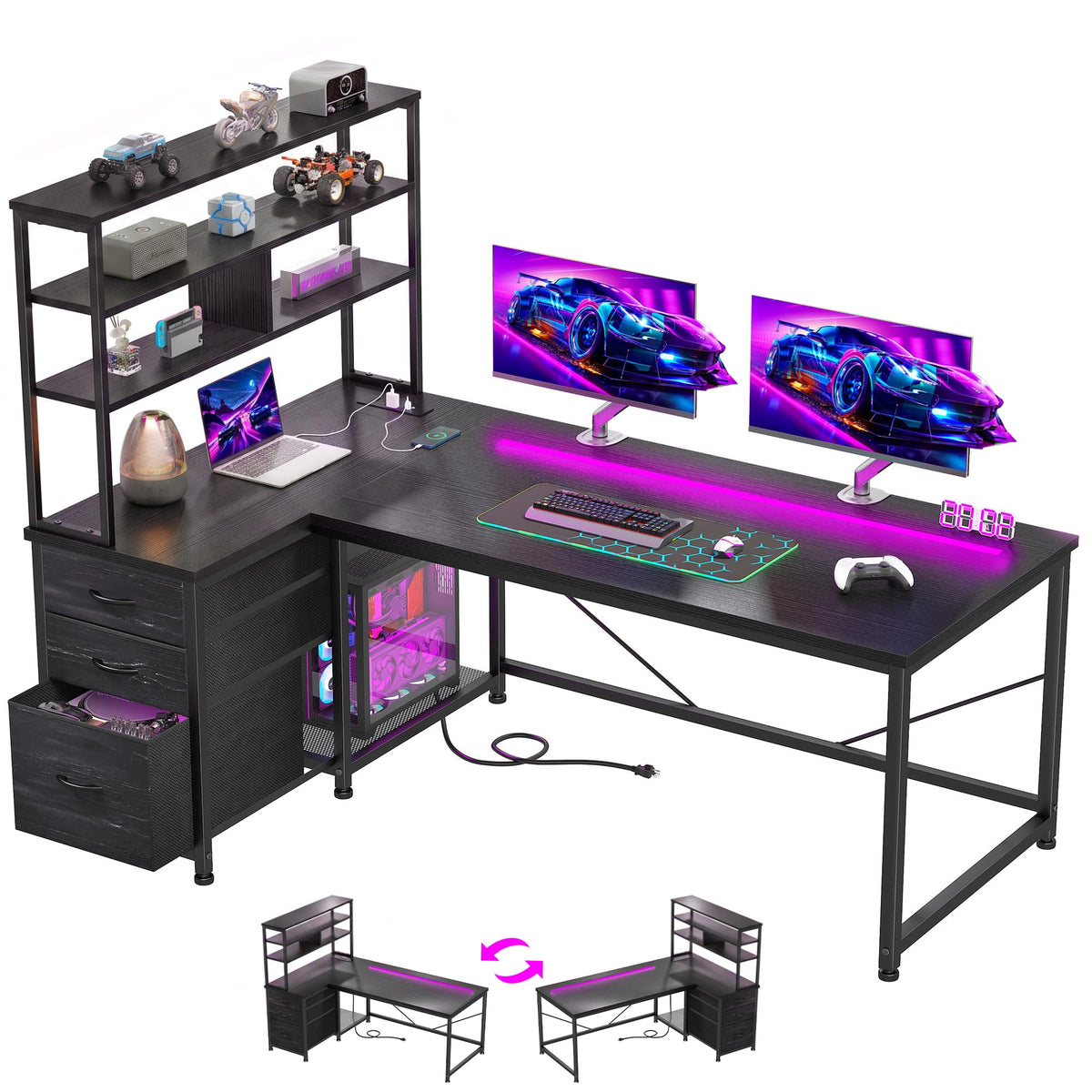 55" L Shaped Gaming Desk with 3 Fabric Drawers & Shelves L8808