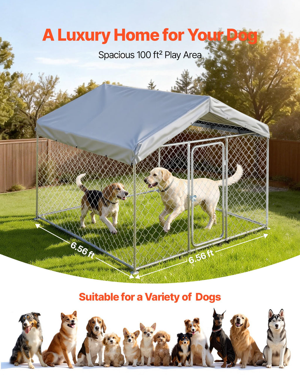 Outdoor Dog Kennel, 6.56 x 6.56 x 5.25 ft with UV-Resistant & Waterproof Roof Cover D27972