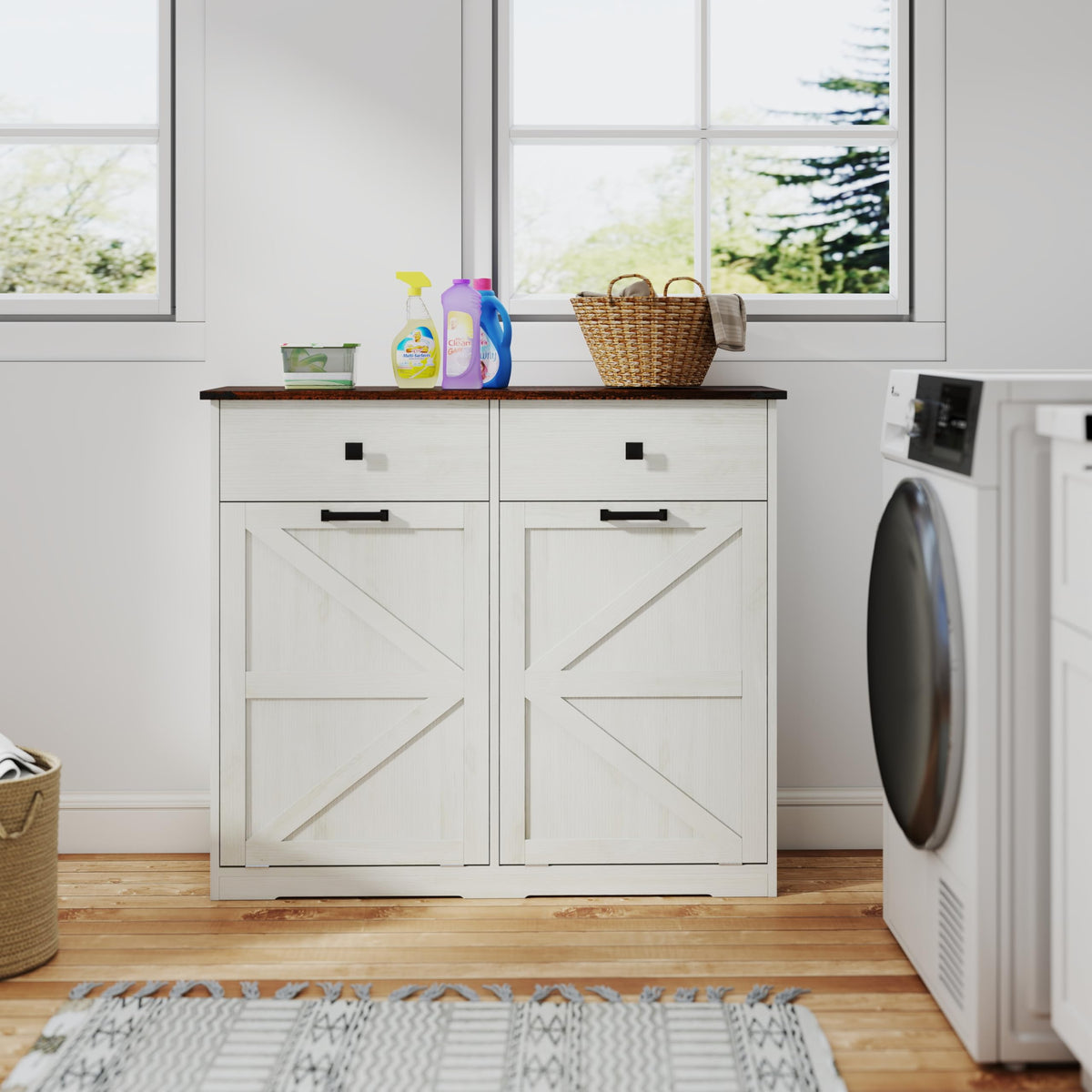 20 Gallon Double Tilt Out Laundry Hamper Cabinet with Drawers D859