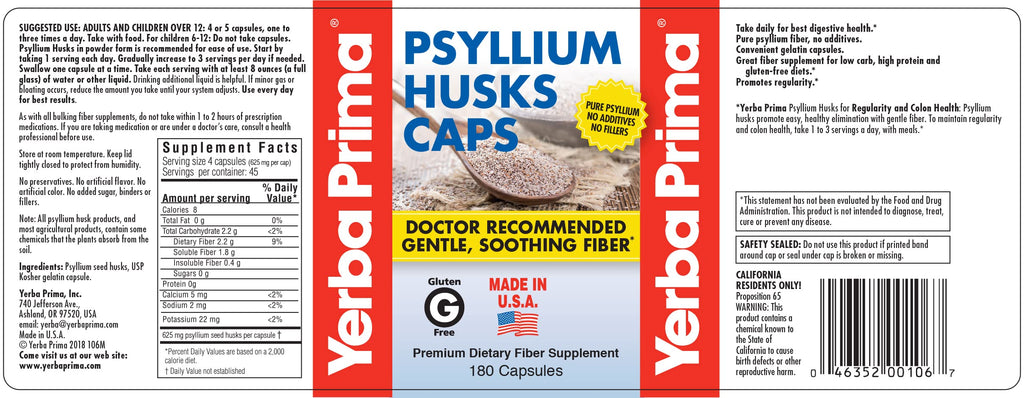 Psyllium Husks Caps Dietary Fiber 625 mg 180 Capsules K402772