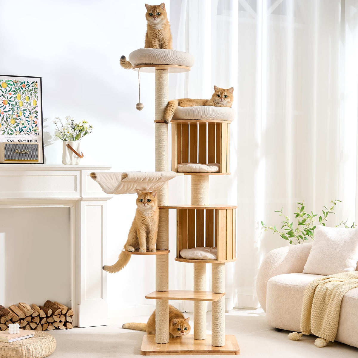 Solid Wood 70 Inches Tall Cat Tree Tower with Scratching Post M43849