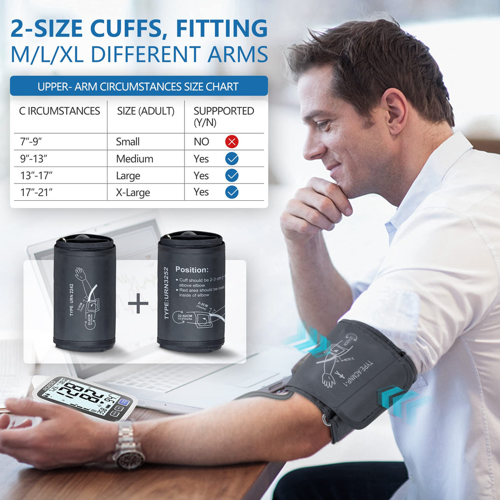 Upper Arm Blood Pressure Machine with 2 Size Cuffs and Backlit LCD T4083