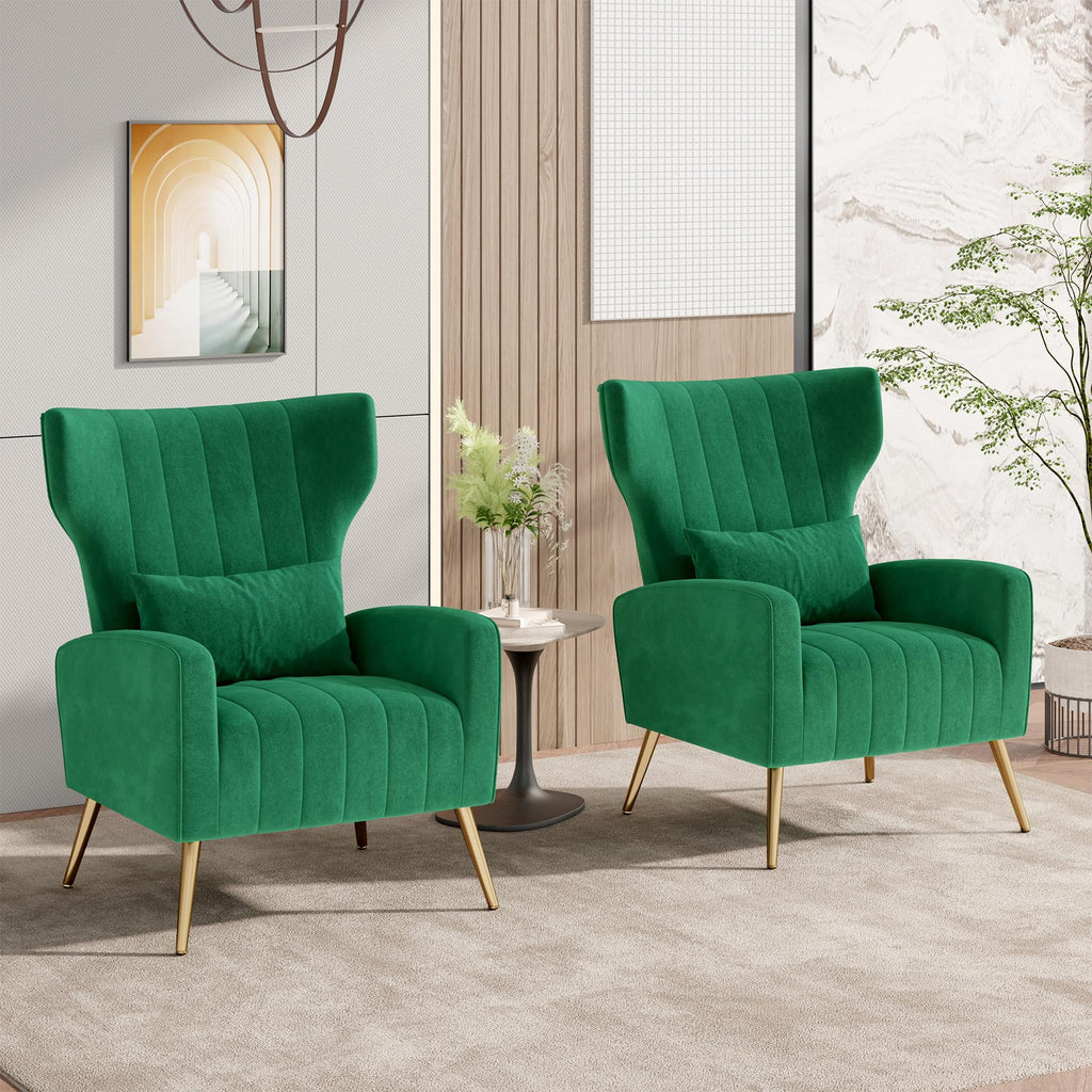 Velvet Accent Chairs Set of 2 High Back Armchair with Lumbar Pillow Green I52295