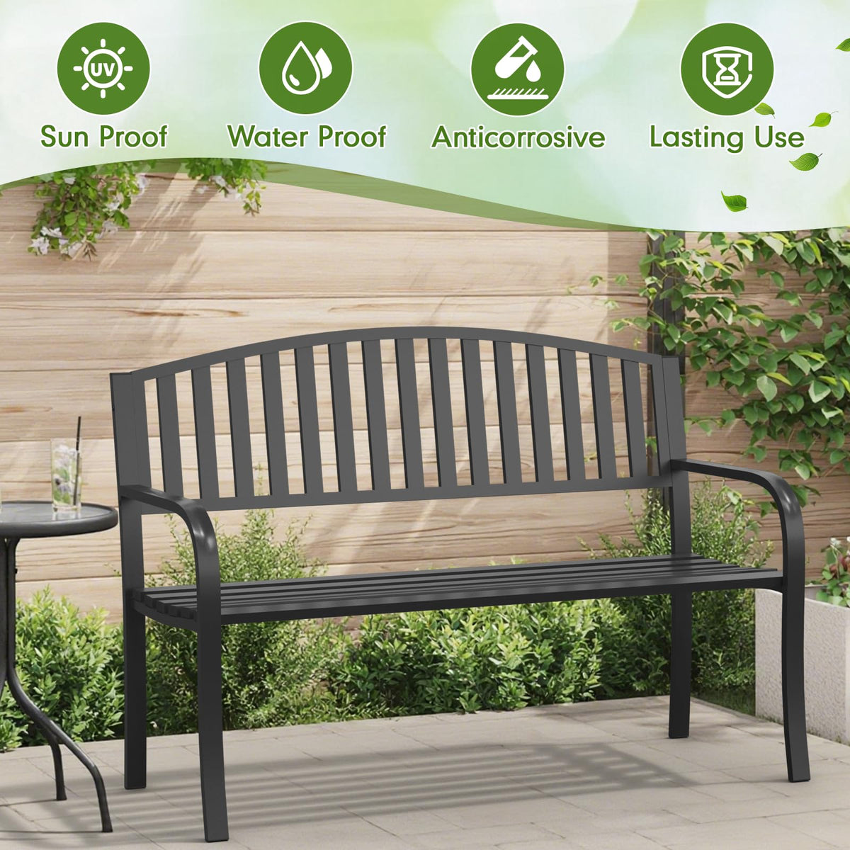 50" Iron Metal Outdoor Bench with Backrest and Armrests X62996