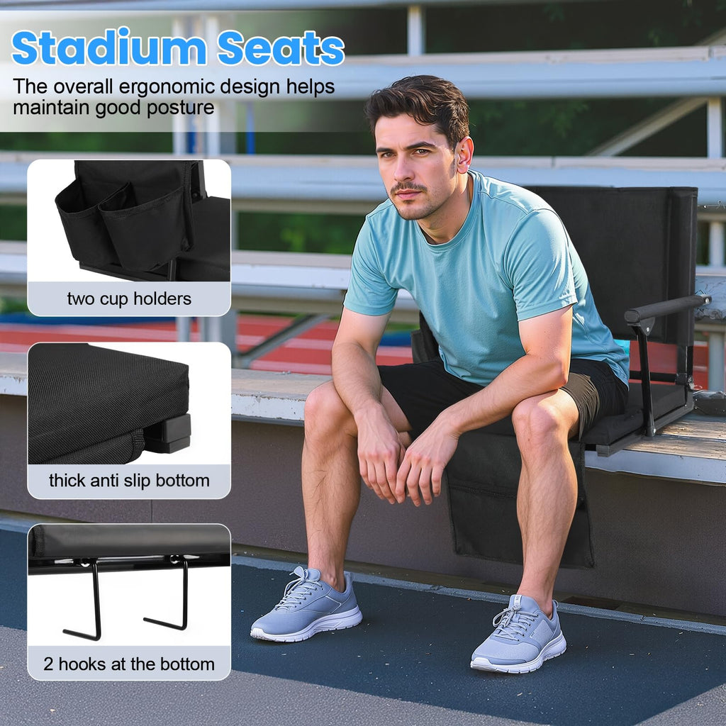 2 Pcs Black Stadium Seats with Back Support and Cushion N345881