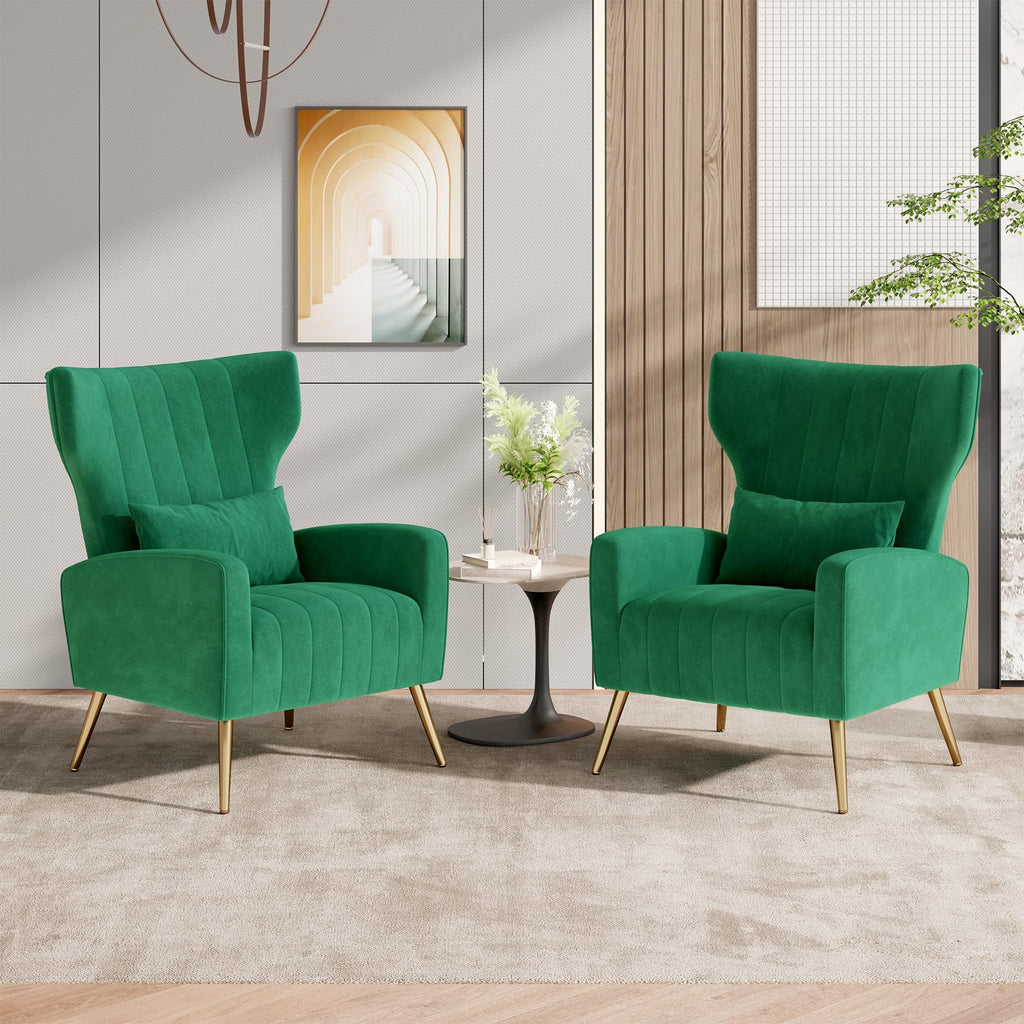 Velvet Accent Chairs Set of 2 High Back Armchair with Lumbar Pillow Green I52295