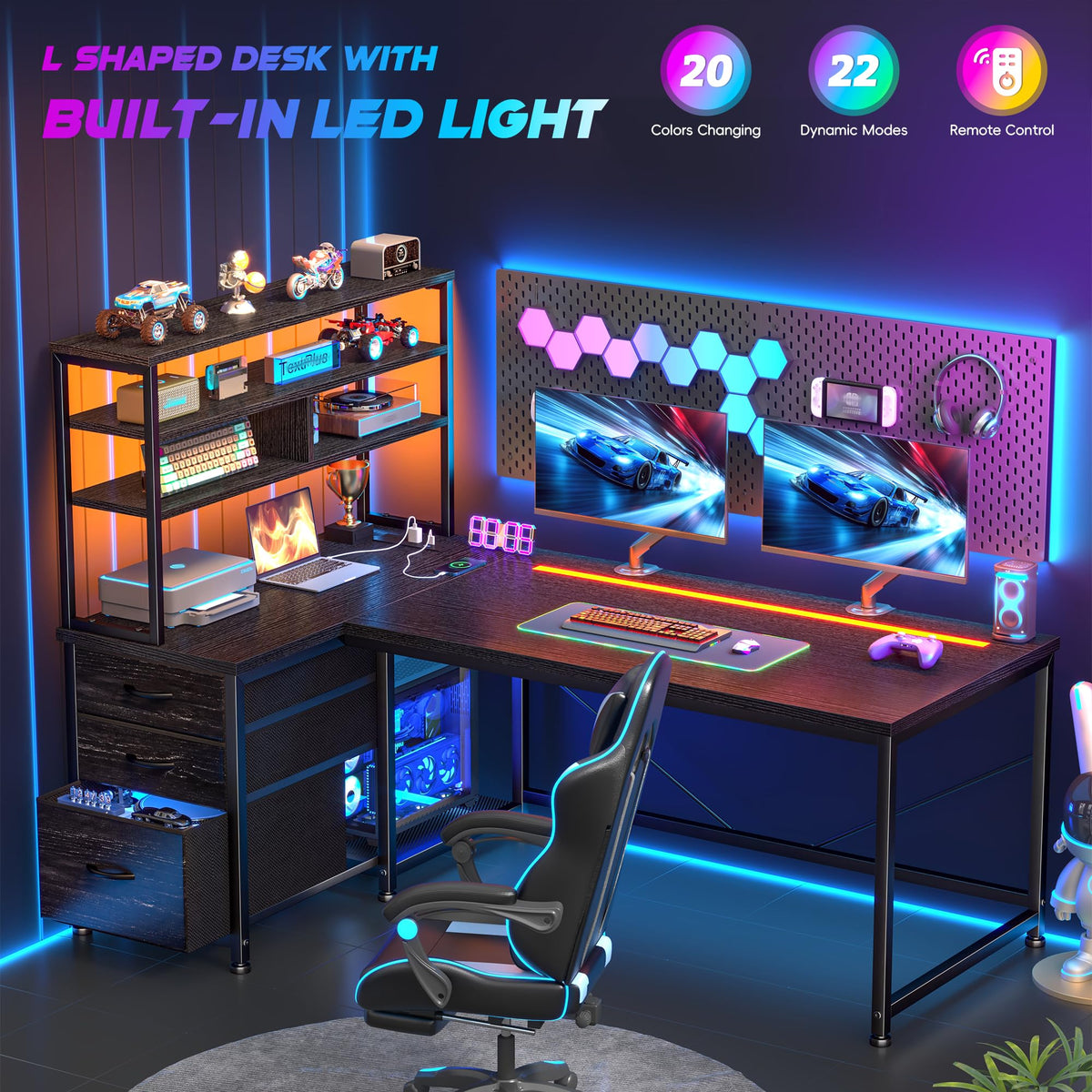 55" L Shaped Gaming Desk with 3 Fabric Drawers & Shelves L8808