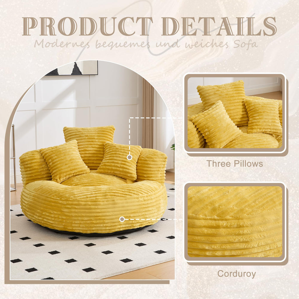 Yellow Corduroy Bean Bag Sofa with 3 Pillows C717786