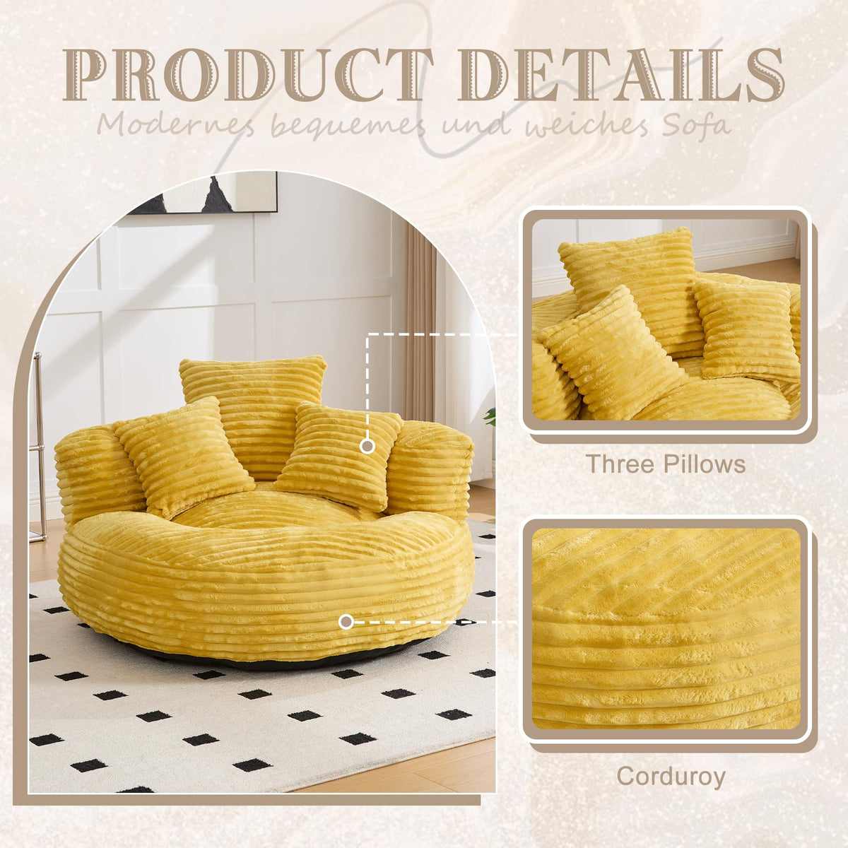Yellow Corduroy Bean Bag Sofa with 3 Pillows C717786