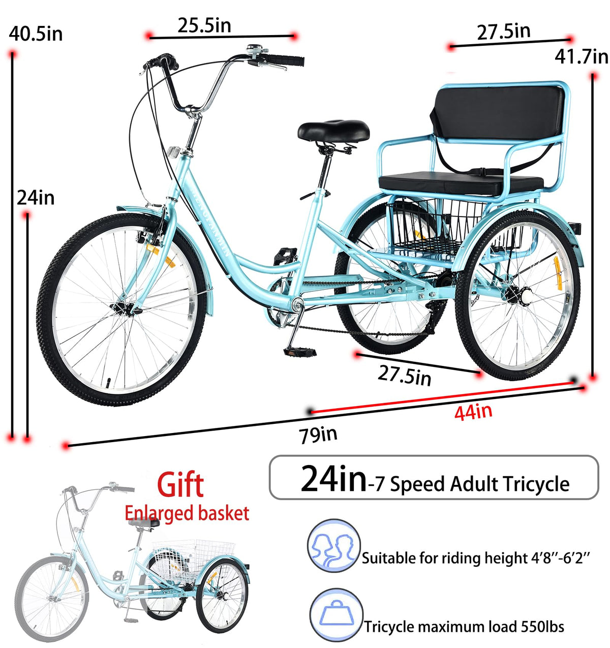 7 Speed Adult Tricycle with Child Seat and Rear Baskets T940