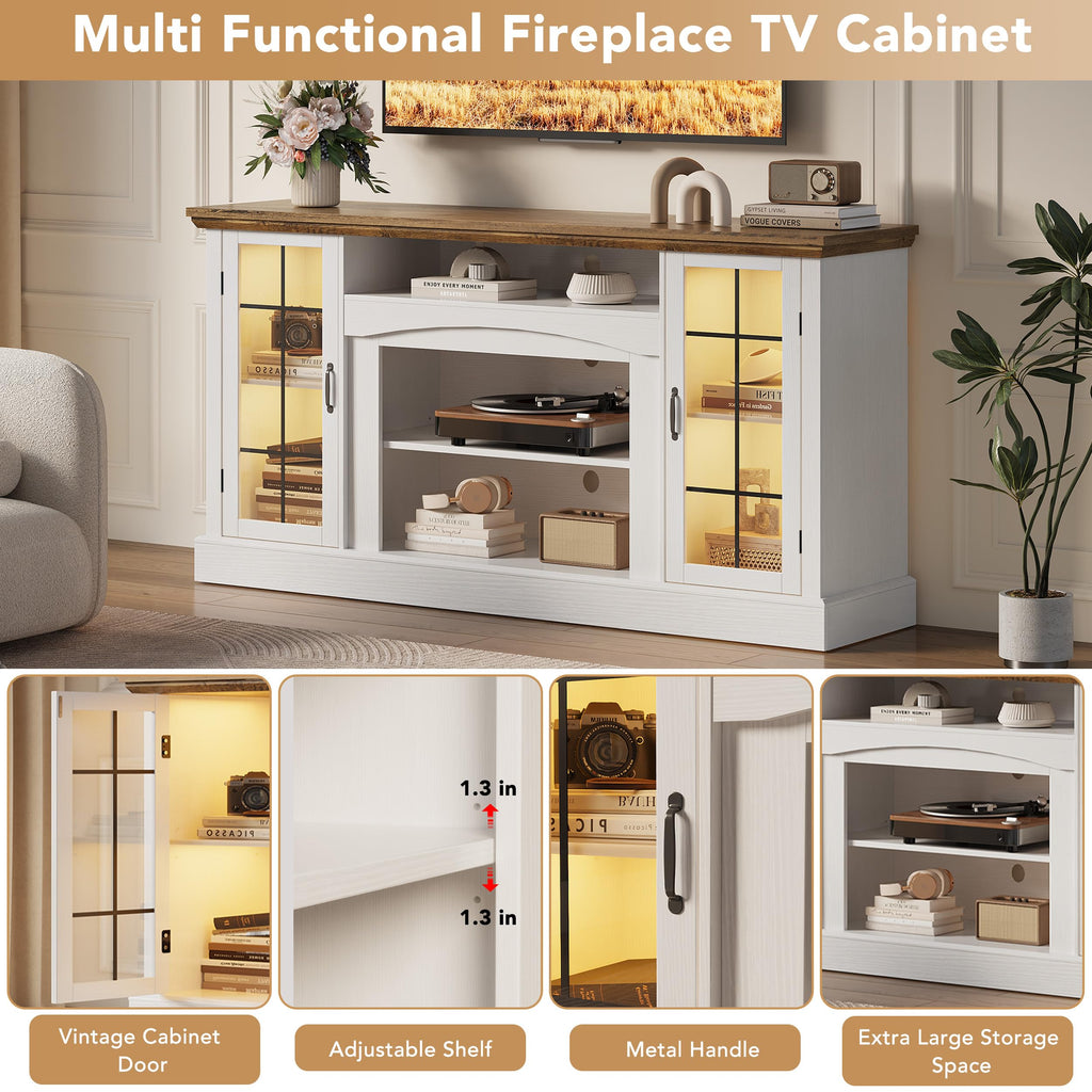 58" White TV Stand with Glass Door Storage Cabinet A955