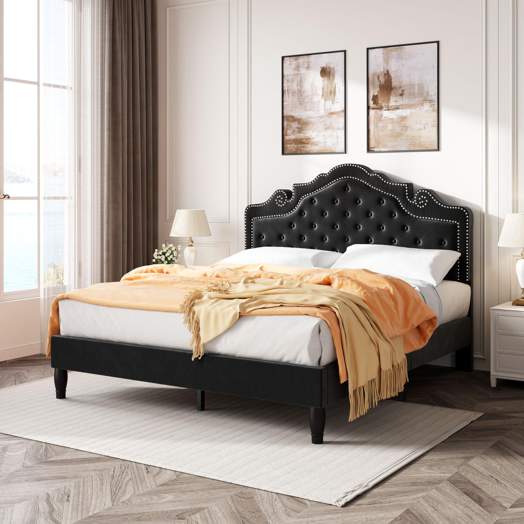Queen Size Velvet Upholstered Bed Frame with Adjustable Headboard B126