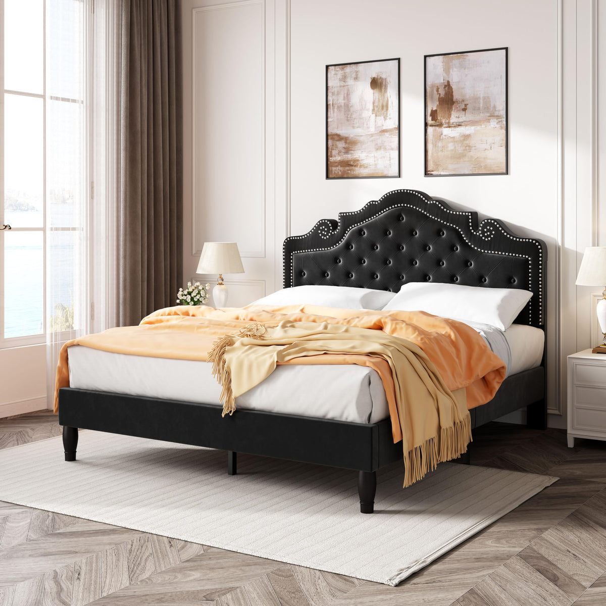 Queen Size Velvet Upholstered Bed Frame with Adjustable Headboard B126