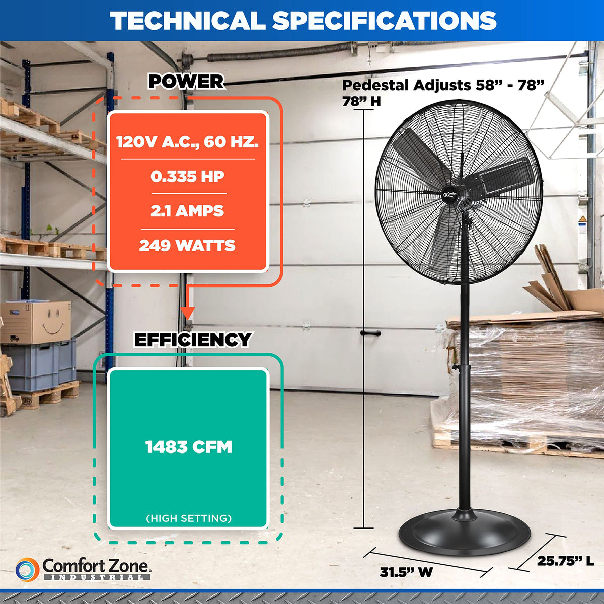 Industrial Pedestal Fan, 30 inch, 3 Speed, Adjustable Height, Metal X639