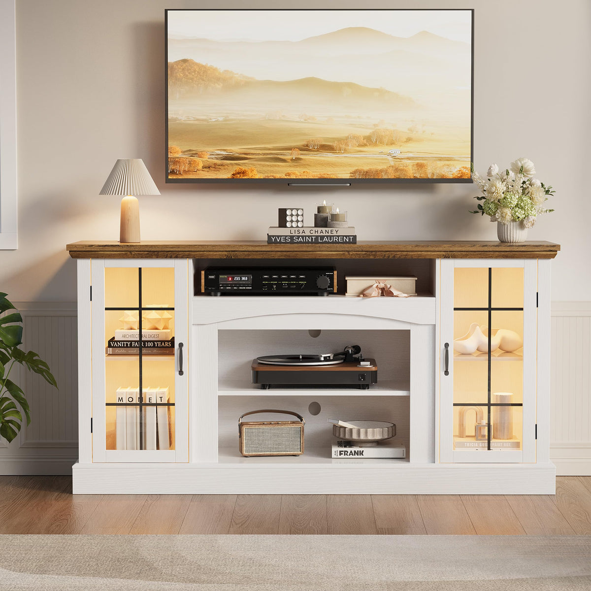 58" White TV Stand with Glass Door Storage Cabinet A955