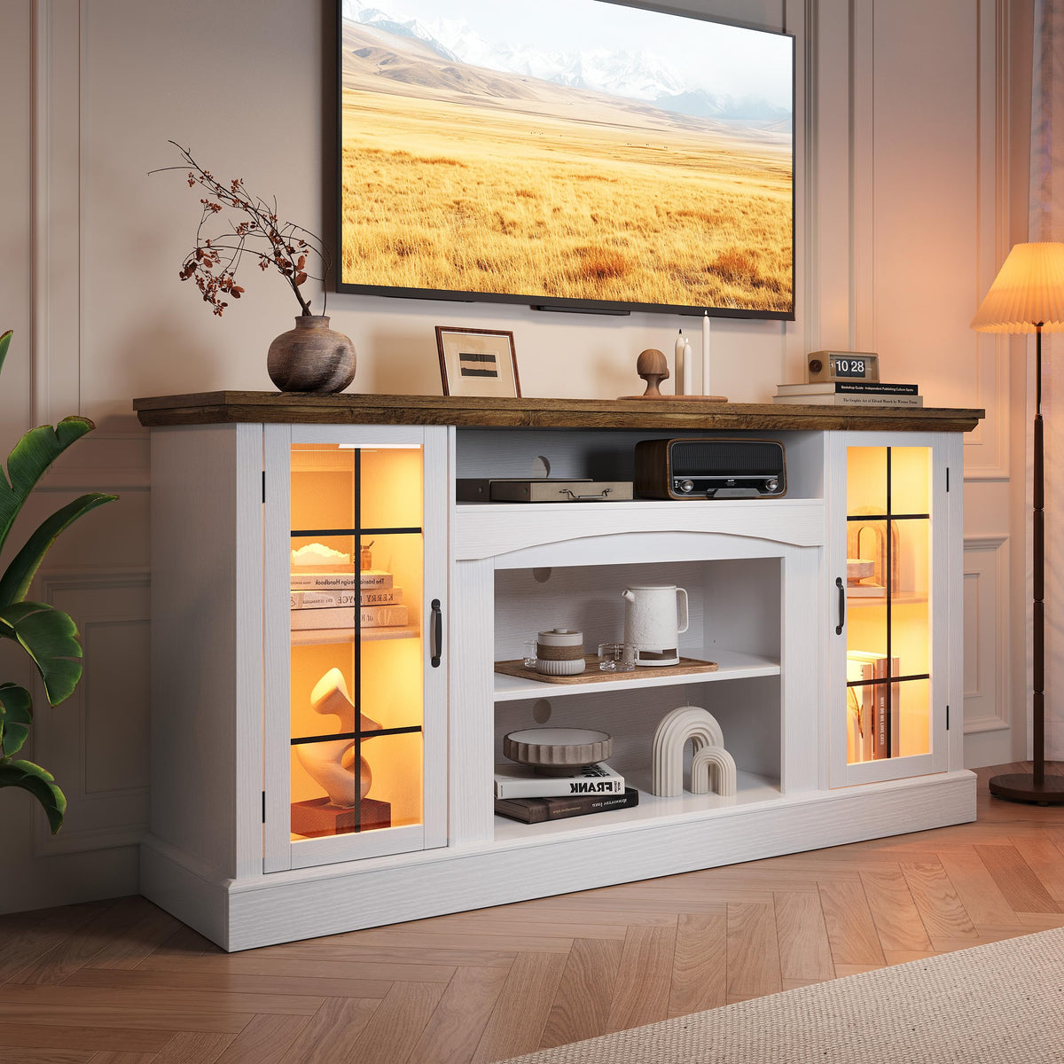 58" White TV Stand with Glass Door Storage Cabinet A955