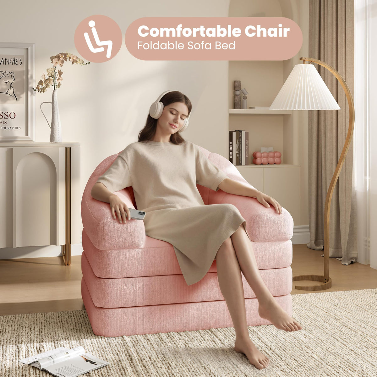 Pink Chenille Convertible Sofa Bed K145673