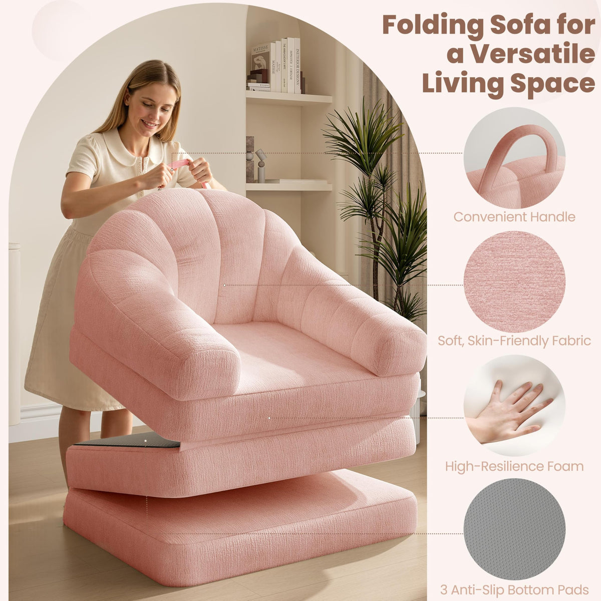 Pink Chenille Convertible Sofa Bed K145673