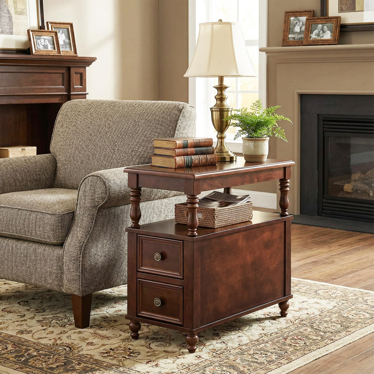 Cherry Finish Wood End Table with 2 Drawers Q269058