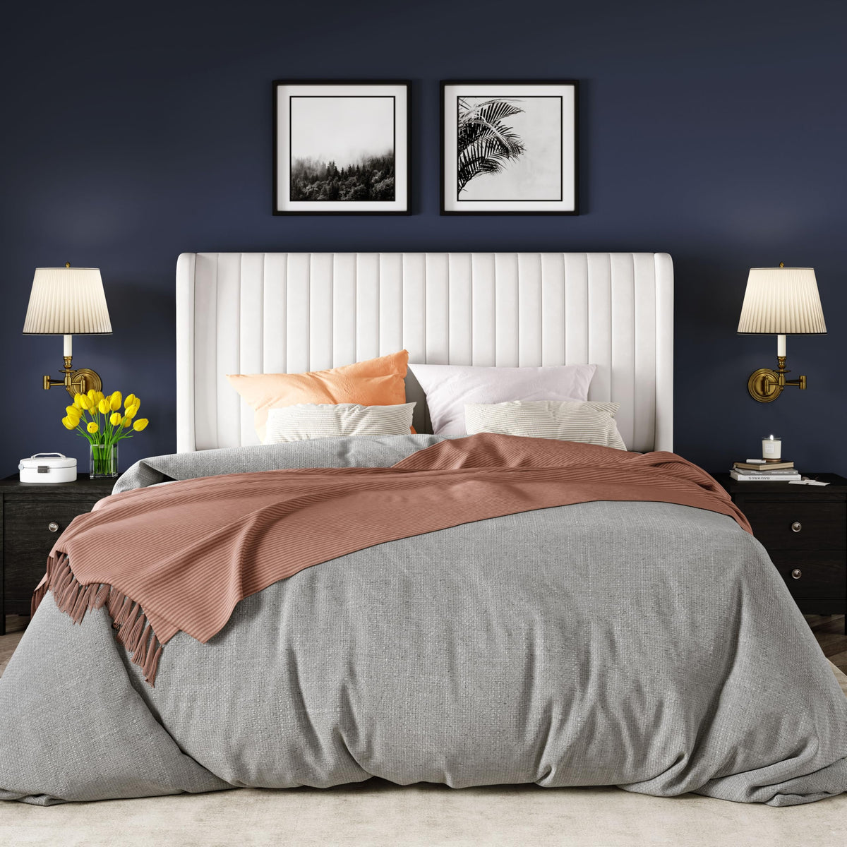Queen Size White Velvet Upholstered Platform Bed T9242