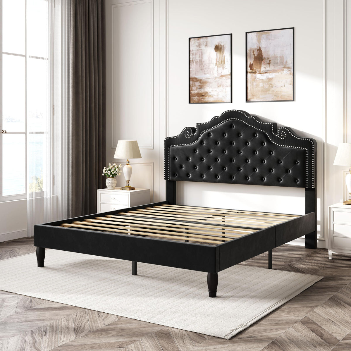 Queen Size Velvet Upholstered Bed Frame with Adjustable Headboard B126