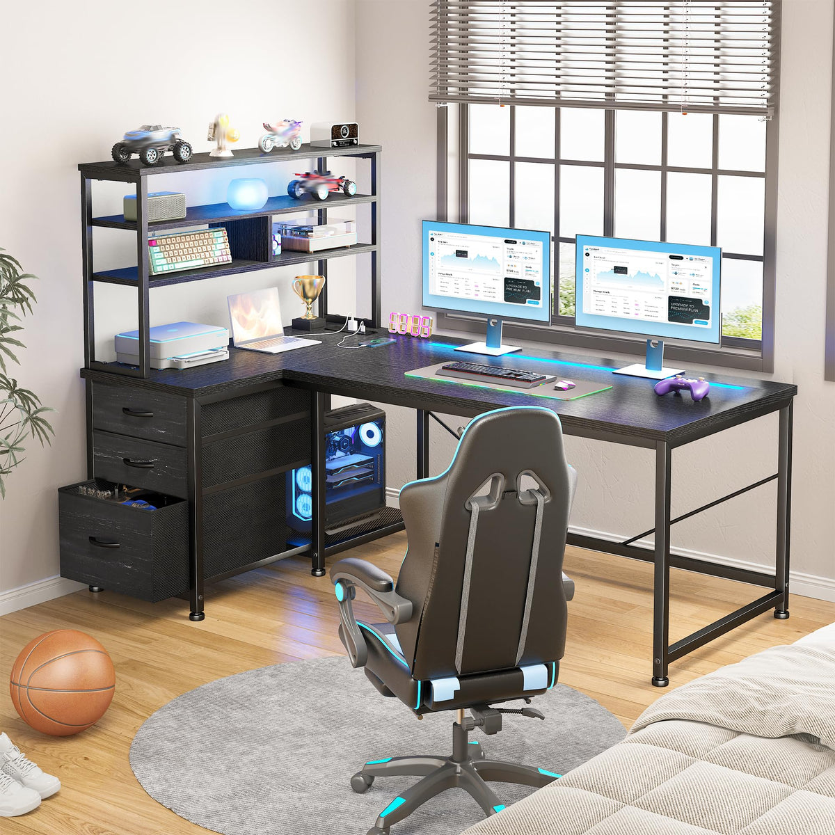 55" L Shaped Gaming Desk with 3 Fabric Drawers & Shelves L8808