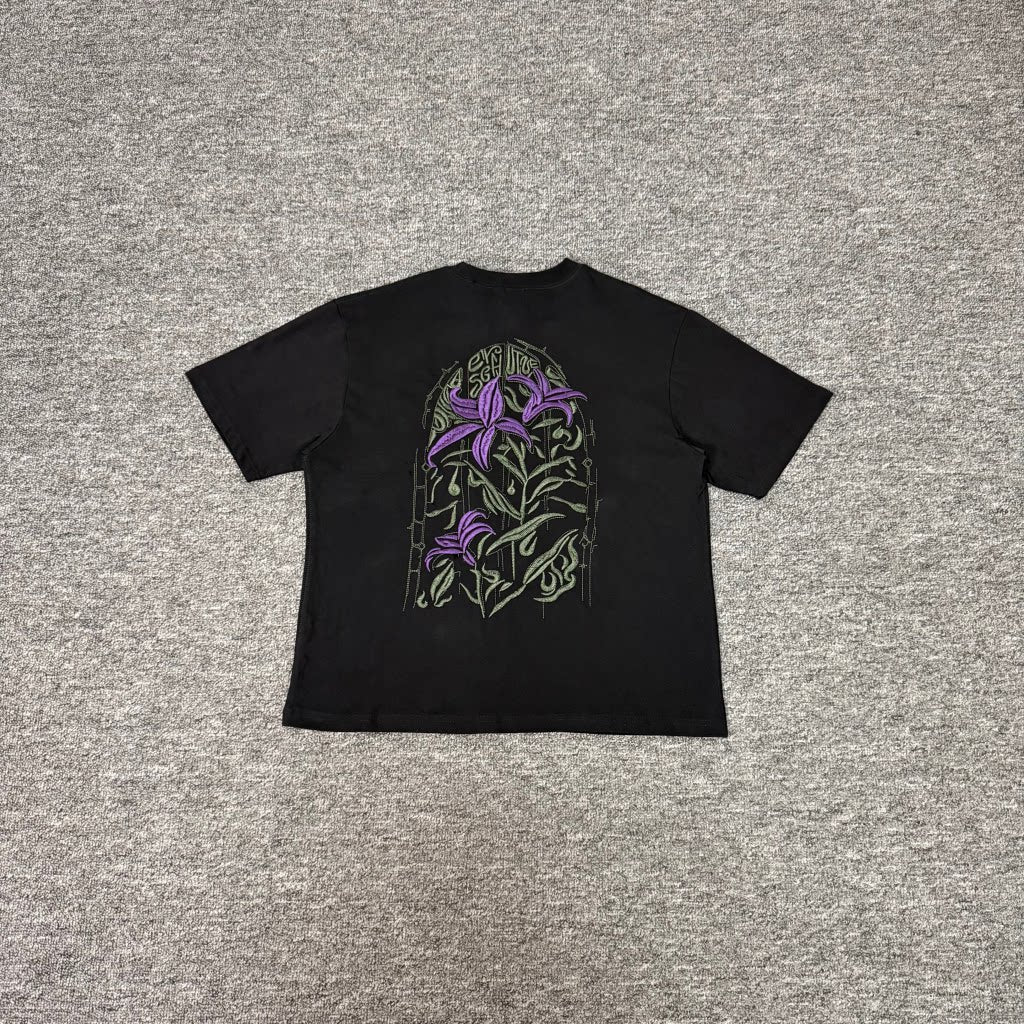 Derschutze Black Gothic Stained‑Glass Purple Lily Back‑Embroidered Tee